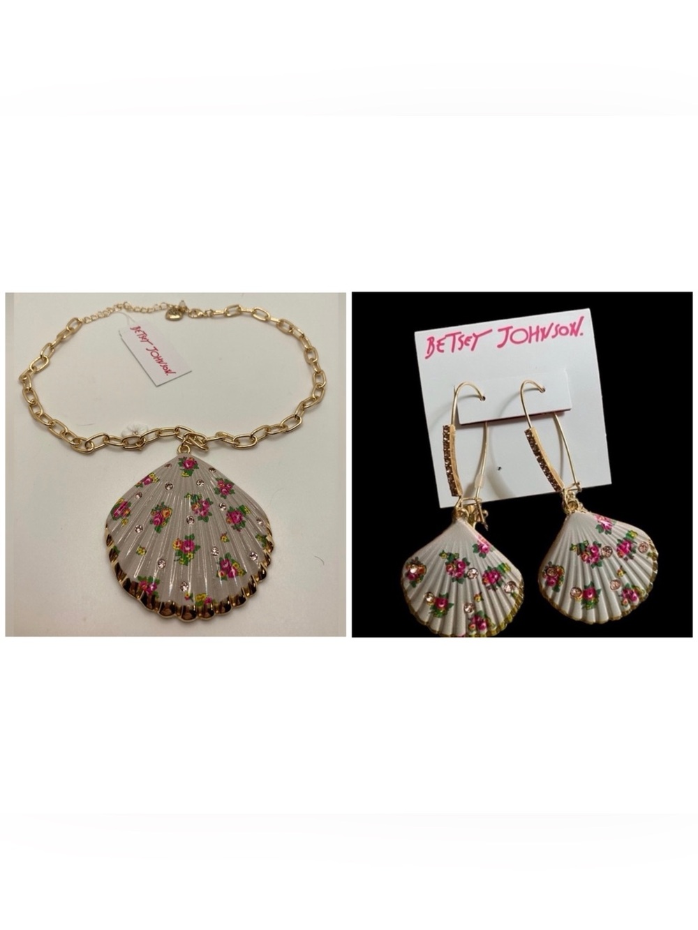 BETSEY JOHNSON SET Faux White Floral Shell & Crystal Necklace & Earrings NEW NWT